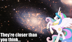 Size: 1775x1046 | Tagged: safe, imported from derpibooru, princess celestia, alicorn, pony, bronybait, caption, female, galaxy, image macro, irl, photo, portal to equestria, solo, space, stars, stephan's quintet, stock vector, text, vector