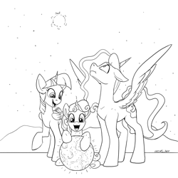 Size: 1500x1500 | Tagged: safe, artist:tsitra360, imported from derpibooru, princess luna, sweetie belle, twilight sparkle, alicorn, pony, unicorn, looking up, monochrome, moon, shrink, spell gone wrong, teleportation, teleportation mishap, twilight sparkle (alicorn)