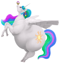 Size: 1300x1378 | Tagged: safe, artist:soobel, imported from derpibooru, princess celestia, alicorn, pony, atg 2022, balancing, belly, big belly, chubbylestia, donut, eyes on the prize, fat, female, flower, flower in hair, food, mare, newbie artist training grounds, obese, ponies balancing stuff on their nose, rearing, simple background, solo, transparent background