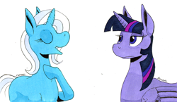 Size: 1280x741 | Tagged: safe, alternate version, artist:darkhestur, imported from derpibooru, trixie, twilight sparkle, alicorn, pony, unicorn, duo, eyes closed, lidded eyes, simple background, smiling, traditional art, twilight sparkle (alicorn), white background