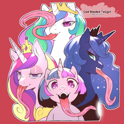 Size: 1200x1200 | Tagged: safe, artist:cold-blooded-twilight, imported from derpibooru, princess cadance, princess celestia, princess luna, twilight sparkle, alicorn, pony, cold blooded twilight, alicorn tetrarchy, bedroom eyes, blushing, crown, eyeshadow, fangs, impossibly long tongue, jewelry, long tongue, looking at you, makeup, open mouth, open smile, peytral, red background, regalia, simple background, slit pupils, smiling, tongue out, twilight sparkle (alicorn)