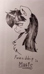 Size: 2212x3651 | Tagged: safe, artist:dreamy990, imported from derpibooru, twilight sparkle, pony, bust, chest fluff, eyebrows, eyebrows visible through hair, female, high res, horn, mare, monochrome, portrait, solo, traditional art