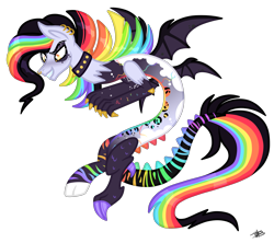 Size: 4373x3884 | Tagged: safe, artist:princessmoonsilver, imported from derpibooru, oc, oc only, oc:cosmic mayhem, draconequus, absurd resolution, bat wings, donut steel, draconequus oc, ear piercing, earring, grin, jewelry, multicolored hair, nose piercing, nose ring, piercing, rainbow hair, rainbow tail, signature, simple background, smiling, solo, spread wings, tail, transparent background, wings