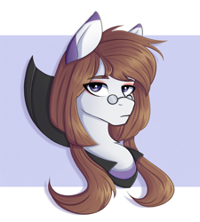 Size: 1728x1920 | Tagged: safe, artist:tanatos, imported from derpibooru, oc, oc only, oc:alvia, pony, bust, eye clipping through hair, eyebrows, eyebrows visible through hair, eyeshadow, female, frown, glasses, looking at you, makeup, mare, portrait, simple background, solo