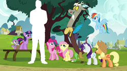 Size: 640x360 | Tagged: safe, edit, edited screencap, imported from derpibooru, screencap, applejack, discord, fluttershy, pinkie pie, rainbow dash, rarity, spike, starlight glimmer, twilight sparkle, alicorn, draconequus, dragon, earth pony, human, pegasus, pony, unicorn, season 5, what about discord?, applejack's hat, binoculars, cowboy hat, female, hat, headcanon, height difference, irl, irl human, male, mane seven, mane six, mare, photo, ponyville, size comparison, speculation, tree, twilight sparkle (alicorn)