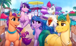 Size: 4096x2458 | Tagged: safe, artist:silentwulv, imported from derpibooru, hitch trailblazer, izzy moonbow, pipp petals, sunny starscout, zipp storm, alicorn, earth pony, pegasus, pony, unicorn, beach umbrella, blue sky, braid, digital art, eating, eyes closed, female, folded wings, food, french fries, g5, hay fries, horn, looking at each other, looking at someone, male, mane five (g5), mare, multicolored hair, open mouth, open smile, palm tree, race swap, slide, smiling, smiling at each other, stallion, sunnycorn, swimming pool, tree, water, water slide, wings