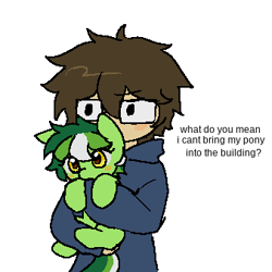 Size: 338x338 | Tagged: safe, artist:polunz, imported from derpibooru, oc, oc:lime sweet, earth pony, human, pony, glasses, green, green hair, meme, self insert, simple background, text, tiny, tiny ponies, white background, yellow eyes