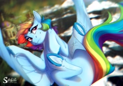 Size: 4000x2800 | Tagged: safe, artist:silentwulv, imported from derpibooru, rainbow dash, pegasus, pony, butt, eyebrows, falling, female, flying, high res, mare, plot, signature, smiling, solo, spread legs, spread wings, spreading, wings