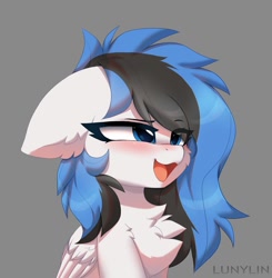 Size: 1057x1080 | Tagged: safe, artist:lunylin, imported from derpibooru, oc, oc only, pegasus, pony, blushing, chest fluff, floppy ears, gray background, open mouth, simple background, solo, wings