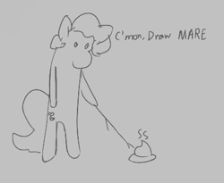 Size: 396x324 | Tagged: safe, coco pommel, earth pony, pony, aggie.io, bipedal, female, mare, meme, monochrome, poop, simple background, stick, talking