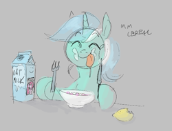 Size: 654x496 | Tagged: safe, artist:hattsy, lyra heartstrings, pinkie pie, pony, unicorn, aggie.io, breakfast, cereal, eyes closed, female, food, fork, lemon, mare, milk, simple background, smiling, tongue out