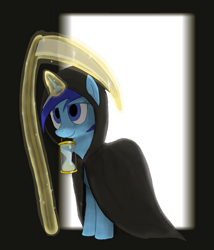 Size: 575x671 | Tagged: safe, artist:truthormare, minuette, pony, unicorn, aggie.io, cloak, clothes, costume, female, glowing horn, grim reaper, horn, hourglass, magic, mare, no catchlights, portal, scythe, simple background, smiling