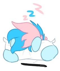 Size: 1024x1209 | Tagged: safe, artist:maren, imported from derpibooru, oc, oc only, oc:blue chewings, earth pony, pony, onomatopoeia, pillow, simple background, sleeping, solo, sound effects, stylus, white background, zzz