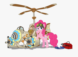 Size: 920x671 | Tagged: artist needed, safe, imported from twibooru, pinkie pie, earth pony, pony, blueprint, drill, flying machine, goggles, helicopter, image, png, propeller plane, simple background, skis, solo, thinking, toolbox