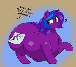 Size: 1124x990 | Tagged: safe, artist:beeberry76, artist:montsundere, artist:waspm0ther, color edit, edit, imported from derpibooru, rarity, oc, oc:scribble script, pony, unicorn, abstract background, belly, big belly, butt, canon x oc, colored, duo, fat, fat fetish, female, fetish, heart, horn, large butt, lesbian, obscured cutie mark, offscreen character, plot, question mark, shipping, solo focus, unicorn oc