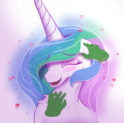 Size: 2008x2000 | Tagged: safe, artist:enonnnymous, imported from derpibooru, princess celestia, oc, oc:anon, blushing, chest fluff, cute, cutelestia, disembodied hand, ear scratch, hand, heart, laughing, simple background