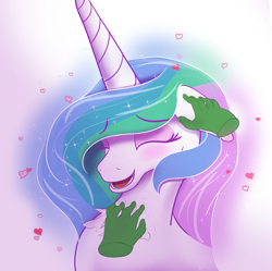 Size: 2008x2000 | Tagged: safe, alternate version, artist:enonnnymous, imported from derpibooru, princess celestia, oc, oc:anon, blushing, chest fluff, cute, cutelestia, disembodied hand, ear scratch, eyes closed, floating heart, hand, happy, heart, laughing, simple background, transparent background