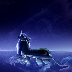 Size: 1489x1499 | Tagged: safe, artist:kat-the-true-kitkat, imported from derpibooru, princess luna, alicorn, pony, female, mare, night, outdoors, pond, solo, stars, water