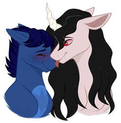 Size: 1893x1913 | Tagged: safe, artist:purplegrim40, imported from derpibooru, oc, oc only, earth pony, pony, unicorn, blushing, duo, earth pony oc, eyes closed, horn, male, oc x oc, shipping, simple background, stallion, transparent background, unicorn oc