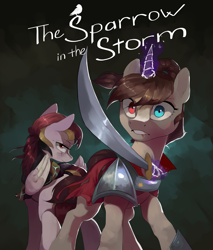 Size: 4259x5000 | Tagged: safe, artist:cadillacdynamite, imported from derpibooru, oc, oc only, pegasus, pony, unicorn, fanfic:the sparrow in the storm, armor, fanfic, fanfic art, fanfic cover, heterochromia, sword, weapon