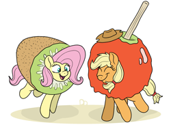 Size: 2913x2128 | Tagged: safe, artist:doodledonutart, imported from derpibooru, applejack, fluttershy, earth pony, pegasus, pony, apple, candy apple (food), candy apple costume, clothes, commission, costume, food, food costume