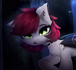 Size: 3429x3171 | Tagged: safe, artist:magnaluna, imported from derpibooru, oc, oc only, oc:swaybat, bat pony, pony, belt, choker, dark, ear piercing, earring, fangs, forest, jewelry, mlem, piercing, silly, solo, tongue out