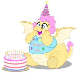 Size: 1920x1838 | Tagged: safe, artist:aleximusprime, imported from derpibooru, oc, oc only, oc:buttercream, oc:buttercream the dragon, dragon, birthday, birthday cake, cake, candle, clothes, dragon oc, dragoness, fat, female, food, hands on cheeks, hat, non-pony oc, open mouth, party hat, shirt, simple background, sitting, solo, spread wings, transparent background, wings