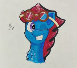 Size: 1814x1596 | Tagged: safe, artist:engi, imported from derpibooru, oc, oc only, oc:engi, pegasus, pony, chest fluff, goggles, looking at you, one eye closed, pegasus oc, simple background, smiling, traditional art, wink, winking at you