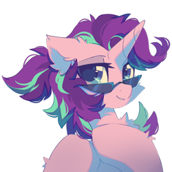 Size: 1600x1600 | Tagged: safe, artist:mirtash, imported from derpibooru, starlight glimmer, pony, unicorn, bust, chest fluff, collaboration, collaboration:choose your starlight, ear fluff, eye clipping through hair, female, glasses, grin, lidded eyes, looking at you, mare, simple background, smiling, smiling at you, solo, sunglasses, transparent background