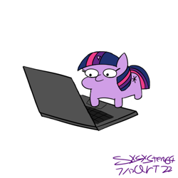 Size: 500x500 | Tagged: safe, artist:ideletedsystem64, imported from derpibooru, twilight sparkle, pony, unicorn, computer, female, filly, foal, horn, laptop computer, mare, signature, simple background, small horn, solo, squatpony, twiggie, unicorn twilight, white background