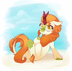 Size: 2048x2006 | Tagged: safe, artist:mindlessnik, artist:mindlesssketching, imported from derpibooru, autumn blaze, kirin, butt, cloud, eating, female, food, heart, hoof heart, looking at you, plot, popsicle, signature, sky, solo, underhoof