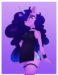 Size: 1593x2048 | Tagged: safe, artist:mindlessnik, artist:mindlesssketching, imported from derpibooru, izzy moonbow, anthro, unicorn, black nail polish, bracelet, choker, clothes, dress, ear piercing, earring, eyebrows, eyebrows visible through hair, eyeshadow, female, fishnets, g5, goth, goth izzy, gradient background, jewelry, lip piercing, looking at you, looking down, makeup, nail polish, piercing, signature, solo