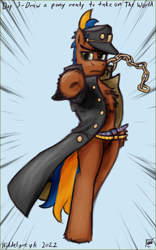 Size: 1000x1600 | Tagged: safe, artist:hiddelgreyk, imported from derpibooru, oc, oc only, semi-anthro, atg 2022, belt, belt buckle, bipedal, brown coat, clothes, cosplay, costume, green eyes, hat, jacket, jojo pose, jojo reference, jojo's bizarre adventure, jotaro kujo, looking at you, newbie artist training grounds, pointing, pointing at you, simple background, standing on two hooves