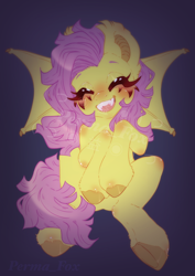 Size: 2800x3945 | Tagged: safe, artist:permafox, imported from derpibooru, fluttershy, bat pony, pony, blushing, cute, eyes closed, flutterbat, looking at you, open mouth, race swap, shyabates, shyabetes, smiling, smiling at you, solo