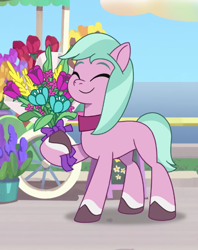 Size: 1536x1944 | Tagged: safe, imported from derpibooru, screencap, earth pony, pony, spoiler:g5, spoiler:my little pony: tell your tale, spoiler:tyts01e16, adordahlia, cropped, cute, dahlia, eyes closed, female, flower, g5, happy, mare, my little pony: tell your tale, neighfever, smiling, solo