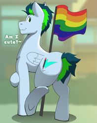 Size: 1403x1777 | Tagged: safe, artist:brushwork, imported from derpibooru, oc, oc only, oc:lucky spark, pegasus, pony, blurry background, butt, colored pupils, dialogue, eyebrows, feathered wings, folded wings, gay pride flag, looking at you, looking back, looking back at you, male, plot, pride, pride flag, smiling, smiling at you, solo, stallion, talking to viewer, underhoof, wings