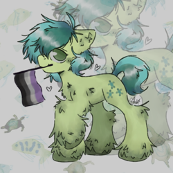 Size: 640x640 | Tagged: safe, artist:sandbarx3, imported from derpibooru, sandbar, earth pony, pony, turtle, asexual, asexual pride flag, blushing, chest fluff, cute, ear fluff, fluffy, food, headcanon, heart, hoof fluff, leg fluff, lgbt headcanon, looking at you, male, mouth hold, no pupils, pineapple, pride, pride flag, sandabetes, sexuality headcanon, shoulder fluff, smiling, solo, stallion, unshorn fetlocks