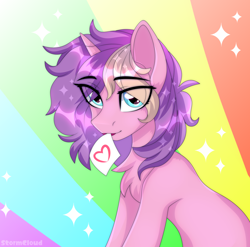 Size: 2500x2469 | Tagged: safe, artist:fluffywhirlpool, imported from derpibooru, oc, oc only, oc:lilac clime, pony, unicorn, blue eyes, bust, cute, female, horn, looking at you, mare, rainbow background, sitting, solo, trade