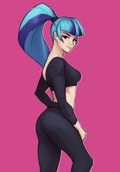 Size: 2854x4077 | Tagged: safe, artist:aquaticvibes, imported from derpibooru, sonata dusk, human, ass, breasts, butt, female, high res, humanized, midriff, outline, pink background, reasonably sized breasts, simple background, solo, white outline