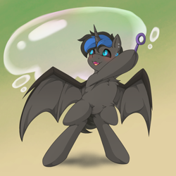 Size: 2048x2048 | Tagged: safe, artist:nanazdina, imported from derpibooru, oc, oc only, oc:umbra nights, bat pony, pony, bipedal, black sclera, bubble, bubble wand, commission, solo, ych result