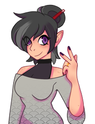 Size: 519x671 | Tagged: safe, artist:raya, imported from derpibooru, oc, oc only, oc:rocky karst, human, elf ears, female, humanized, humanized oc, peace sign, simple background, solo, transparent background