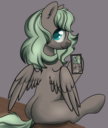 Size: 2200x2600 | Tagged: safe, artist:dumbwoofer, imported from derpibooru, oc, oc:forest air, pegasus, pony, blank flank, cellphone, female, filly, foal, looking at you, looking back, looking back at you, phone, recursion, selfie, simple background, sitting, smartphone, smiling, solo, spread wings, table, wings