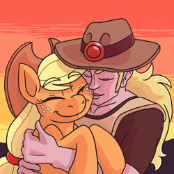 Size: 1500x1500 | Tagged: safe, artist:snail-speed, imported from derpibooru, applejack, earth pony, human, pony, anime, cheek kiss, crossover, crossover shipping, female, hol horse, holjack, human male, interspecies, jojo's bizarre adventure, kissing, male, mare, shipping, straight