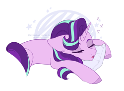 Size: 3000x2200 | Tagged: safe, artist:avroras_world, imported from derpibooru, starlight glimmer, pony, unicorn, commission, cute, female, glimmerbetes, high res, mare, onomatopoeia, open mouth, pillow, simple background, sketch, sleeping, solo, sound effects, stars, white background, zzz