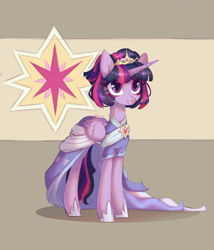 Size: 1800x2100 | Tagged: safe, artist:shore2020, imported from derpibooru, twilight sparkle, alicorn, pony, the last problem, clothes, coronation dress, crown, dress, eyebrows, eyebrows visible through hair, female, hoof shoes, jewelry, mare, regalia, second coronation dress, shoes, solo, twilight sparkle (alicorn)