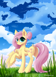 Size: 7087x9664 | Tagged: safe, artist:muffinkarton, imported from derpibooru, fluttershy, pegasus, pony, absurd file size, absurd resolution, butt, cute, eye clipping through hair, female, flower, flower in hair, flutterbutt, looking back, mare, one wing out, plot, raised hoof, rear view, shyabetes, signature, solo, wings