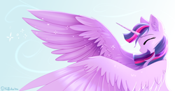 Size: 9448x4961 | Tagged: safe, artist:muffinkarton, imported from derpibooru, twilight sparkle, alicorn, pony, 2020, absurd file size, absurd resolution, crying, ear fluff, eyes closed, female, large wings, laughing, mare, old art, profile, solo, tears of joy, tears of laughter, teary eyes, twilight sparkle (alicorn), wind, wings