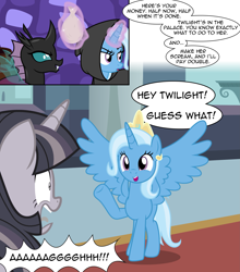 Size: 2705x3076 | Tagged: safe, artist:badumsquish-edits, derpibooru exclusive, edit, editor:wardex101, imported from derpibooru, ocellus, trixie, twilight sparkle, alicorn, changeling, pony, unicorn, 2 panel comic, alicornified, alley, bag, big no, canterlot, canterlot castle, comic, crown, cutie mark, dialogue, discorded, discorded twilight, disguise, disguised changeling, duo, evil grin, fangs, grin, hood, hooded cape, jewelry, magic, money, money bag, palace, prank, pre changedling ocellus, purple changeling, race swap, regalia, screaming, show accurate, smiling, spread wings, telekinesis, trixiecorn, trollxie, twilight tragedy, waving, wings