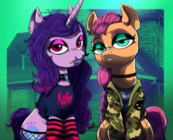 Size: 2389x1939 | Tagged: safe, artist:swagstapiece, imported from derpibooru, izzy moonbow, sunny starscout, earth pony, pony, unicorn, camouflage, choker, clothes, g5, goth, goth izzy
