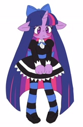 Size: 1700x2600 | Tagged: safe, artist:exxi00, imported from derpibooru, twilight sparkle, anthro, pony, unicorn, :<, anarchy stocking, bow, clothes, dress, floppy ears, gothic lolita, hair bow, long hair, panty and stocking with garterbelt, parody, simple background, skirt, socks, solo, stockinglight, stockings, striped socks, striped stockings, thigh highs, unicorn twilight, white background